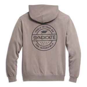 Back view of gray hoodie with large circular Syndicate Water Skis logo and slogan text.