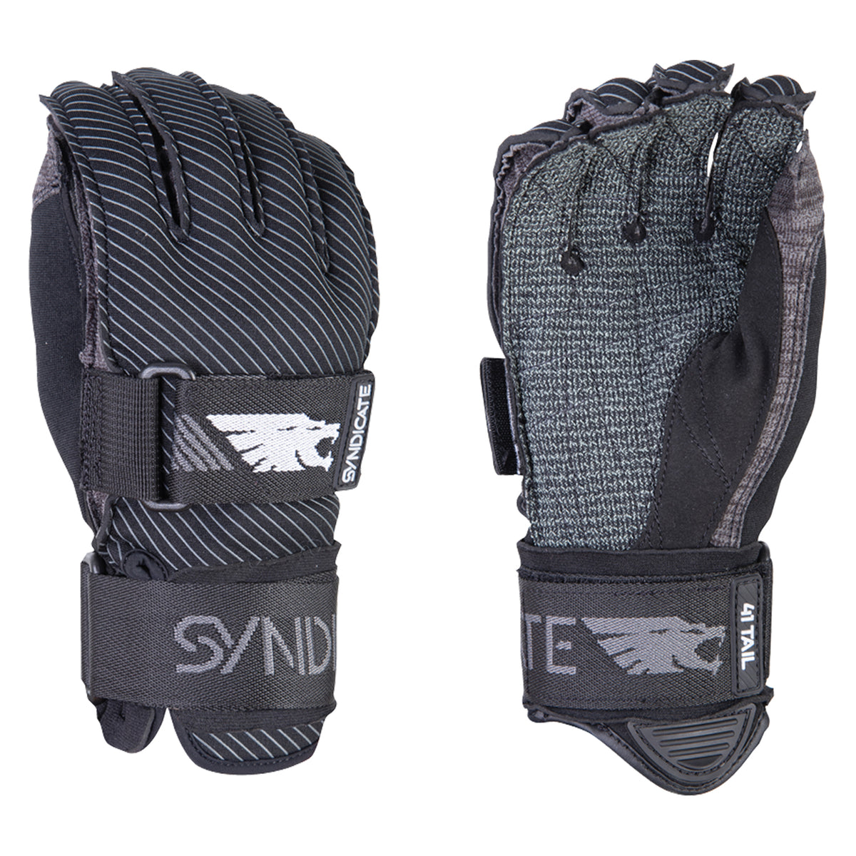 Front and back view of the 41 Tail Inside Out in black and gray with Syndicate logo on straps.