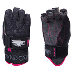 Front and back view of the Syndicate Angel Inside Out gloves in black and pink with floral pattern.