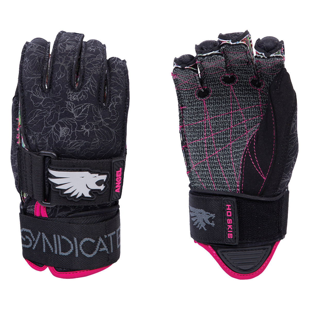 Front and back view of the Syndicate Angel Inside Out gloves in black and pink with floral pattern.