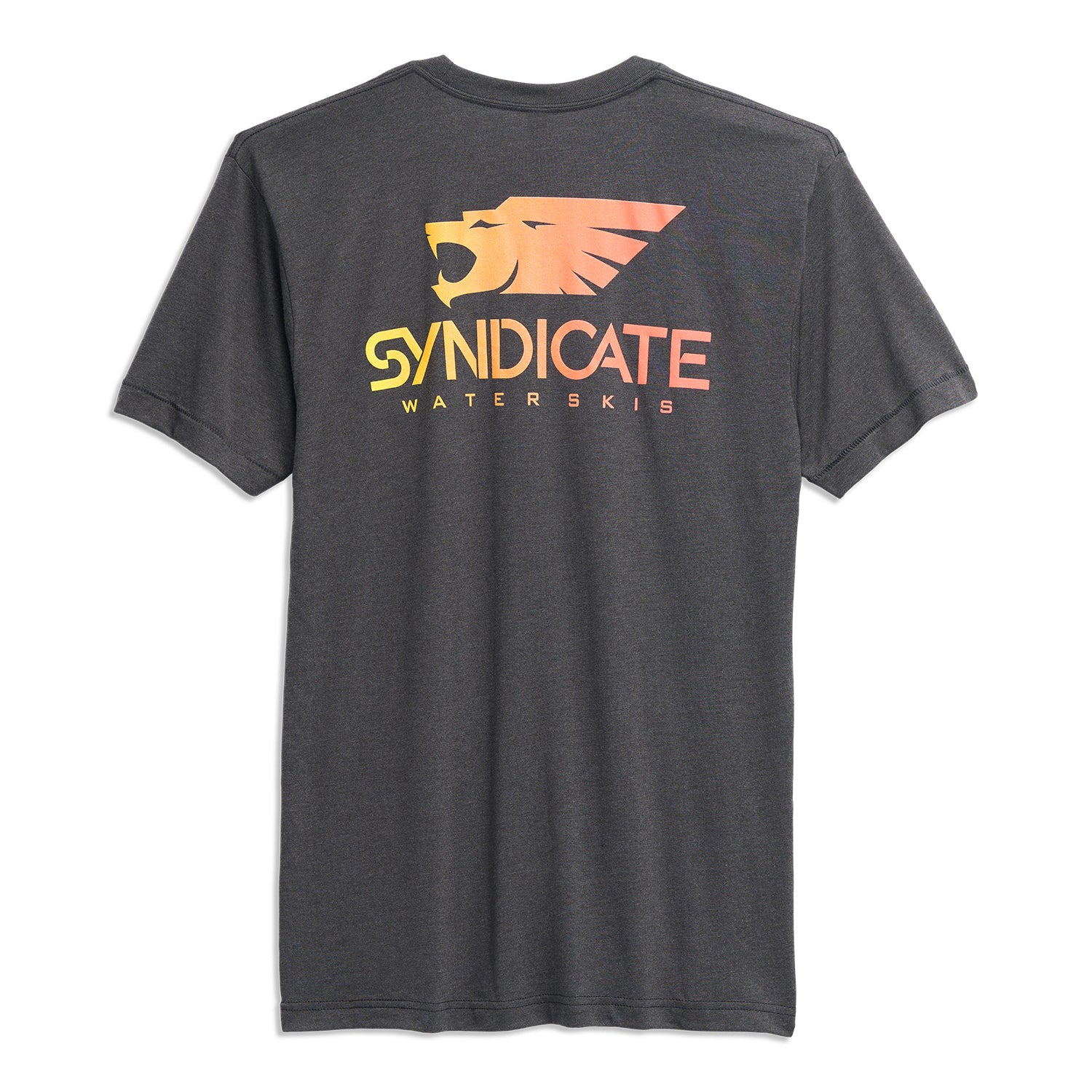Back view of dark gray t-shirt with large orange and yellow Syndicate Water Skis logo.