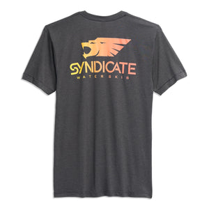 Back view of dark gray t-shirt with large orange and yellow Syndicate Water Skis logo.
