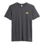 Front view of dark gray t-shirt with small orange and yellow Syndicate logo on chest.