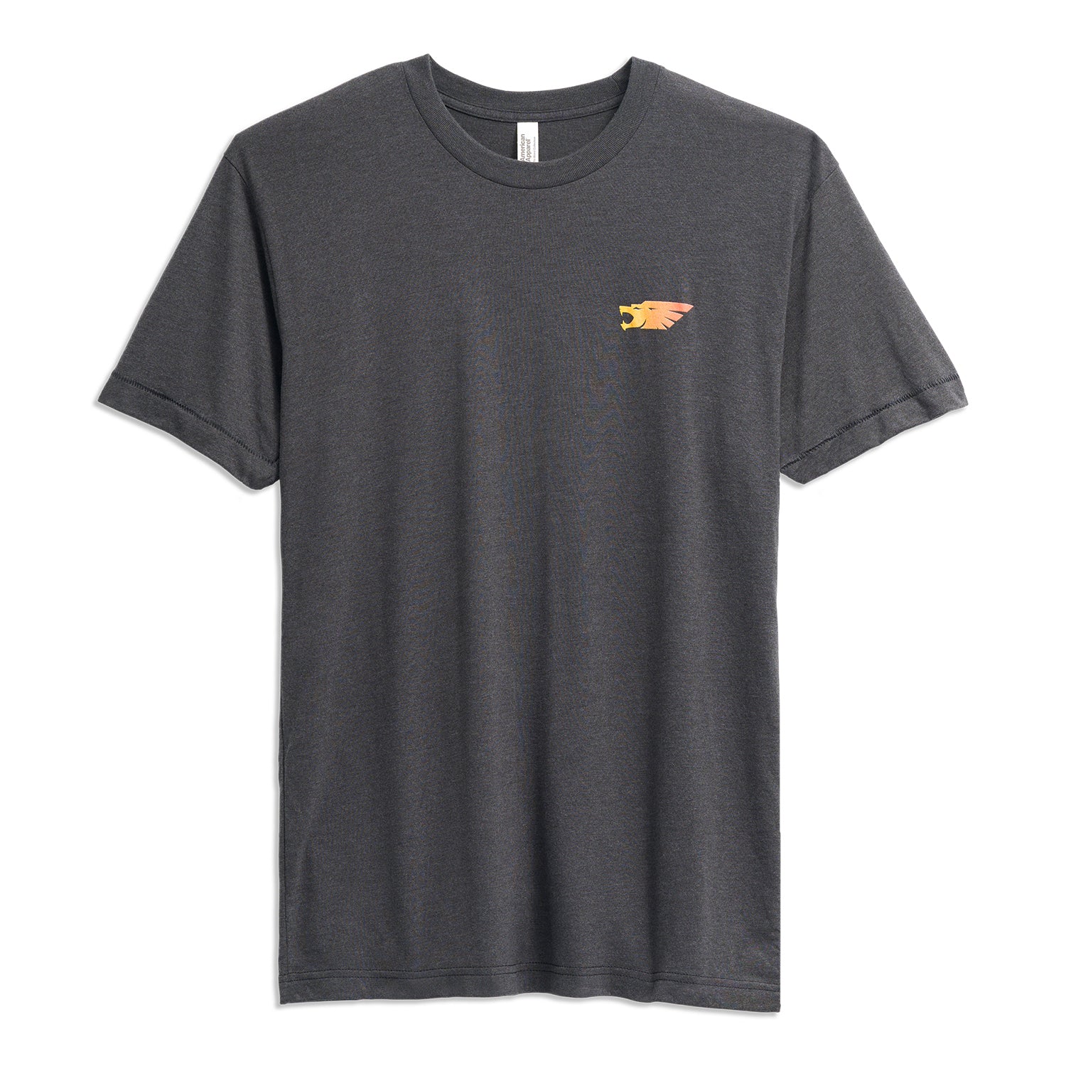 Front view of dark gray t-shirt with small orange and yellow Syndicate logo on chest.