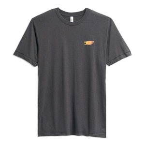 Front view of dark gray t-shirt with small orange and yellow Syndicate logo on chest.