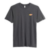 Front view of dark gray t-shirt with small orange and yellow Syndicate logo on chest.