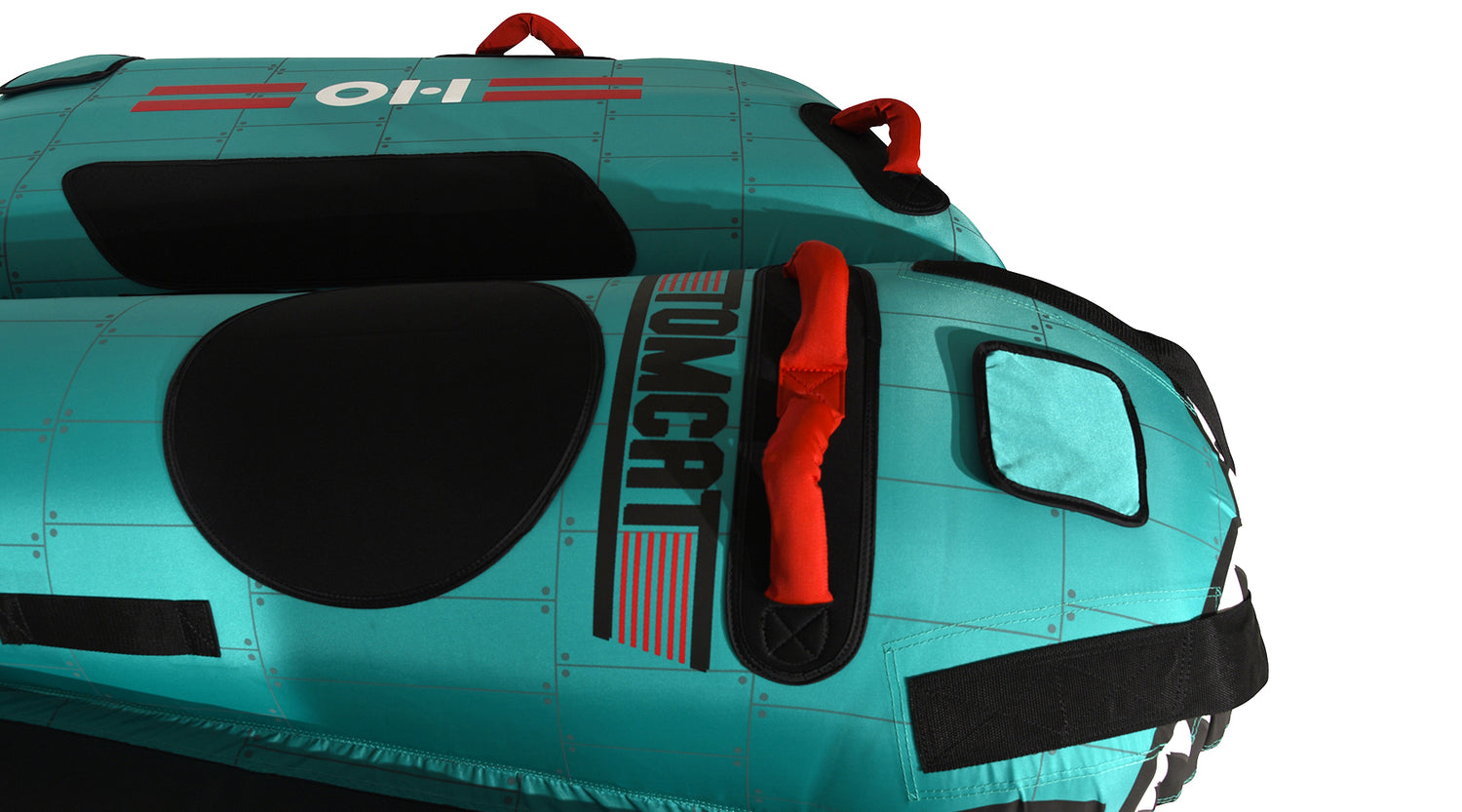 Angled detail view of Tomcat Tube with TOMCAT lettering and black pads.