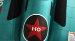 Close-up view of Tomcat Tube red star logo printed on teal surface.