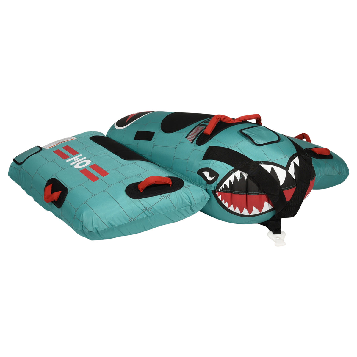 Angled side view of Tomcat Tube in teal with shark face graphic and multiple grab handles.