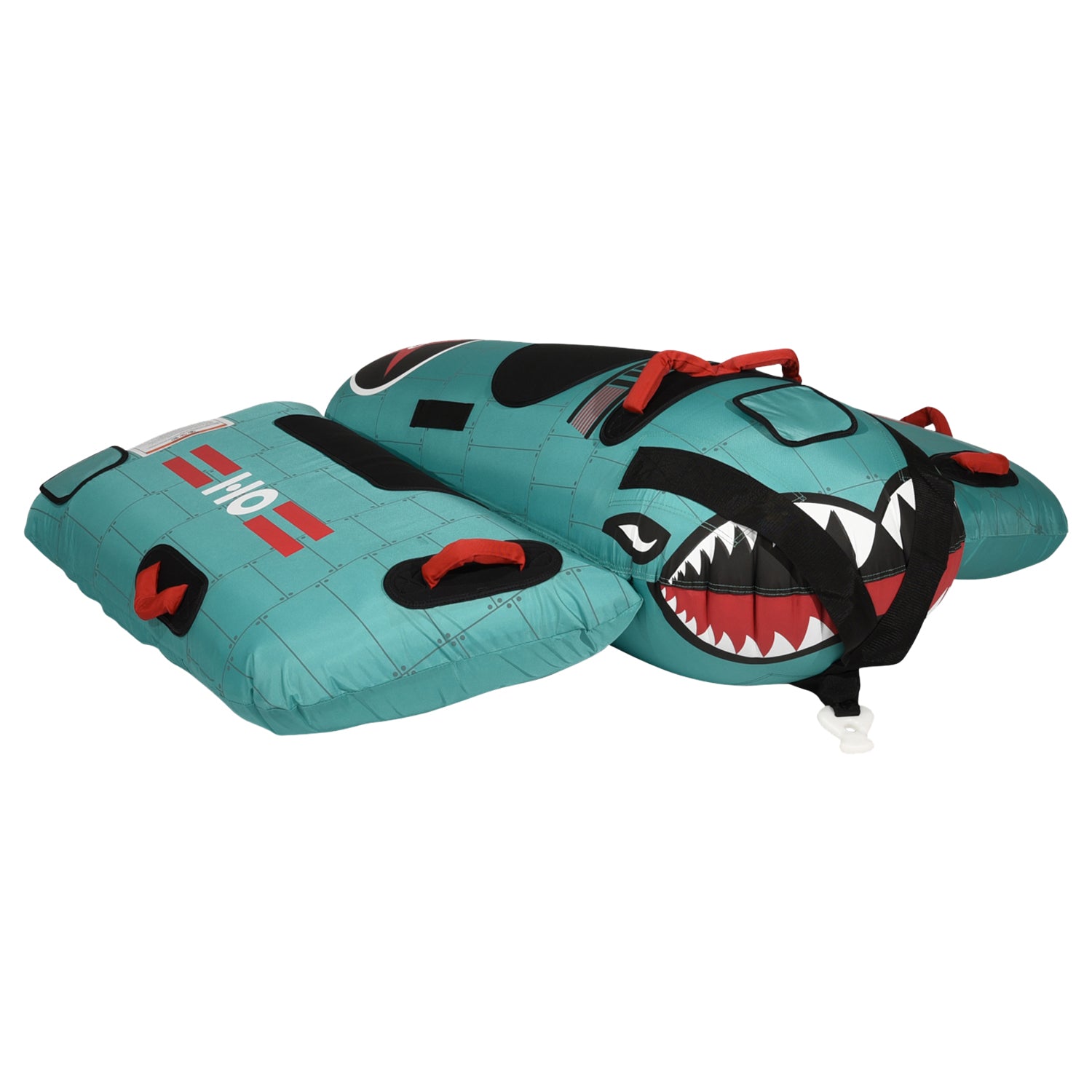 Angled side view of Tomcat Tube in teal with shark face graphic and multiple grab handles.