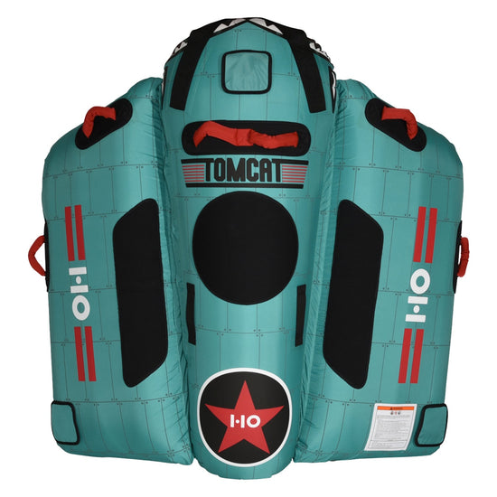 Top view of the Tomcat Tube in teal with a riveted-panel graphic, black pads, and red grab handles.