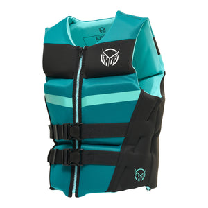 Angled view of Women's Mission vest in teal and black with front zipper and dual buckles.