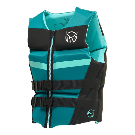 Angled view of Women's Mission vest in teal and black with front zipper and dual buckles.