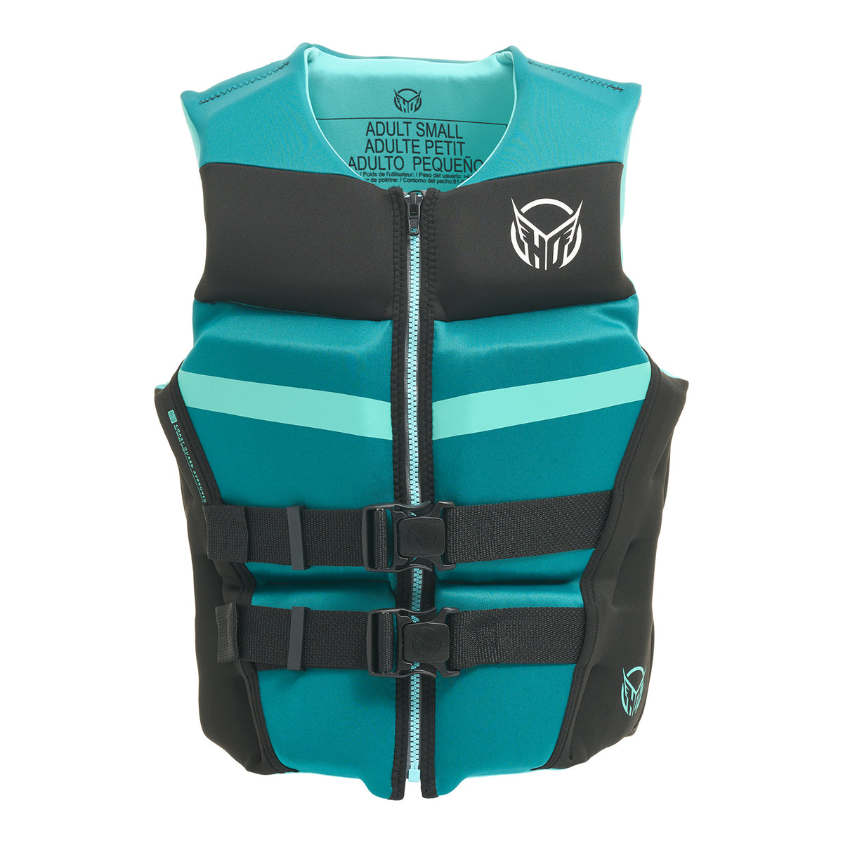 Front view of Women's Mission vest in teal and black with zipper closure and two black straps.