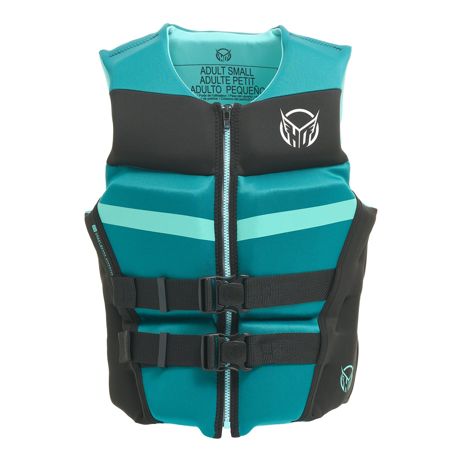 Front view of Women's Mission vest in teal and black with zipper closure and two black straps.
