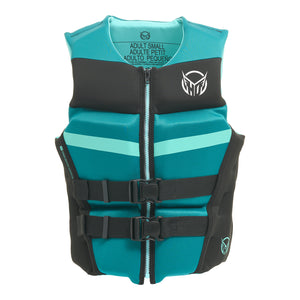 Front view of Women's Mission vest in teal and black with zipper closure and two black straps.