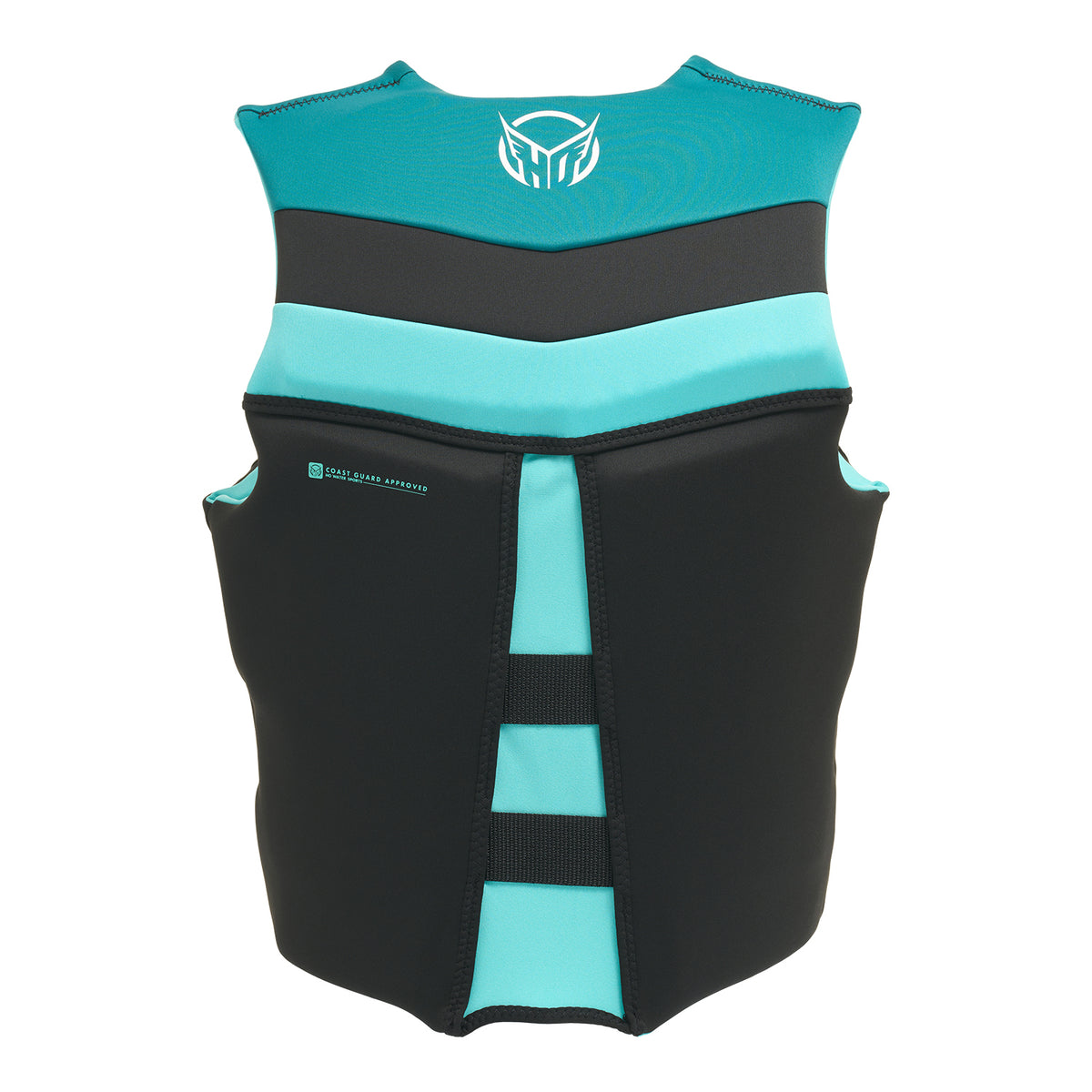Back view of Women's Mission vest in teal and black with logo detail and panel design.