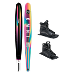 Top and base view of women’s Omni ski with rainbow gradient design, shown with two UltraLite boots.