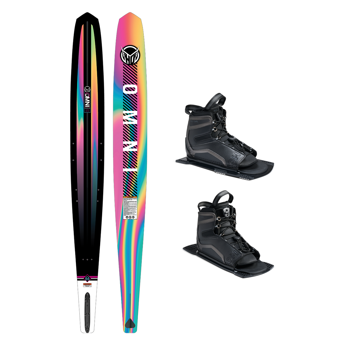 Top and base view of women’s Omni ski with rainbow gradient design, shown with two UltraLite boots.