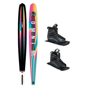 Top and base view of women’s Omni ski with rainbow gradient design, shown with two UltraLite boots.