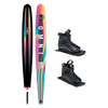 Top and base view of women’s Omni ski with rainbow gradient design, shown with two UltraLite boots.