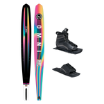 Top and base view of women’s Omni ski with rainbow gradient design, shown with UltraLite boot and toe plate.