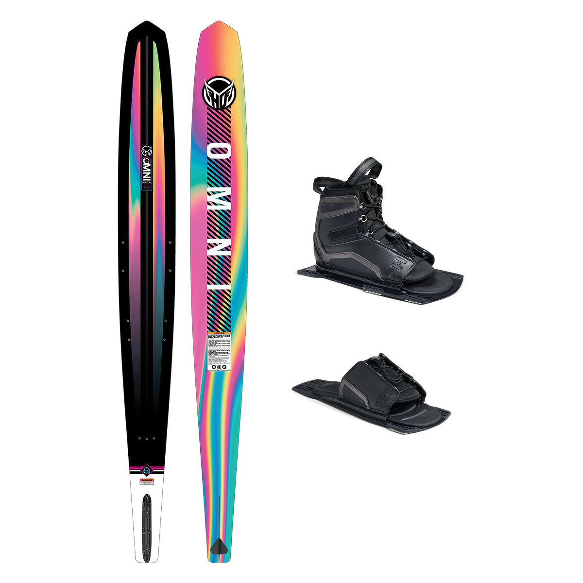 Top and base view of women’s Omni ski with rainbow gradient design, shown with UltraLite boot and toe plate.