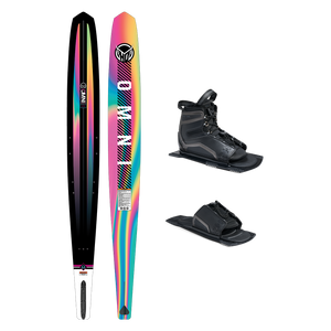 Top and base view of women’s Omni ski with rainbow gradient design, shown with UltraLite boot and toe plate.