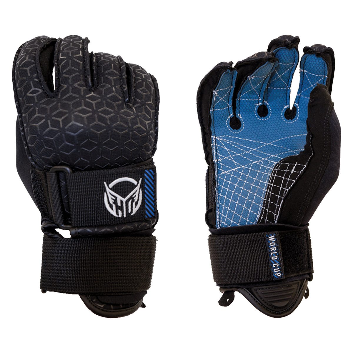 Front and back view of the Men's World Cup Glove in black with blue and white accents.