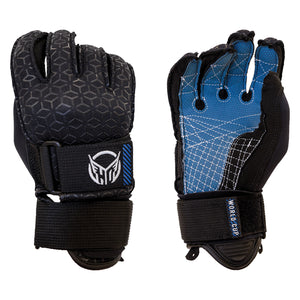 Front and back view of the Men's World Cup Glove in black with blue and white accents.