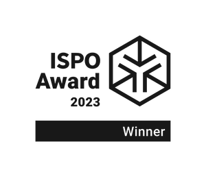 Black and white ISPO Award 2023 Winner logo with a hexagonal emblem.