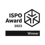 Black and white ISPO Award 2023 Winner logo with a hexagonal emblem.