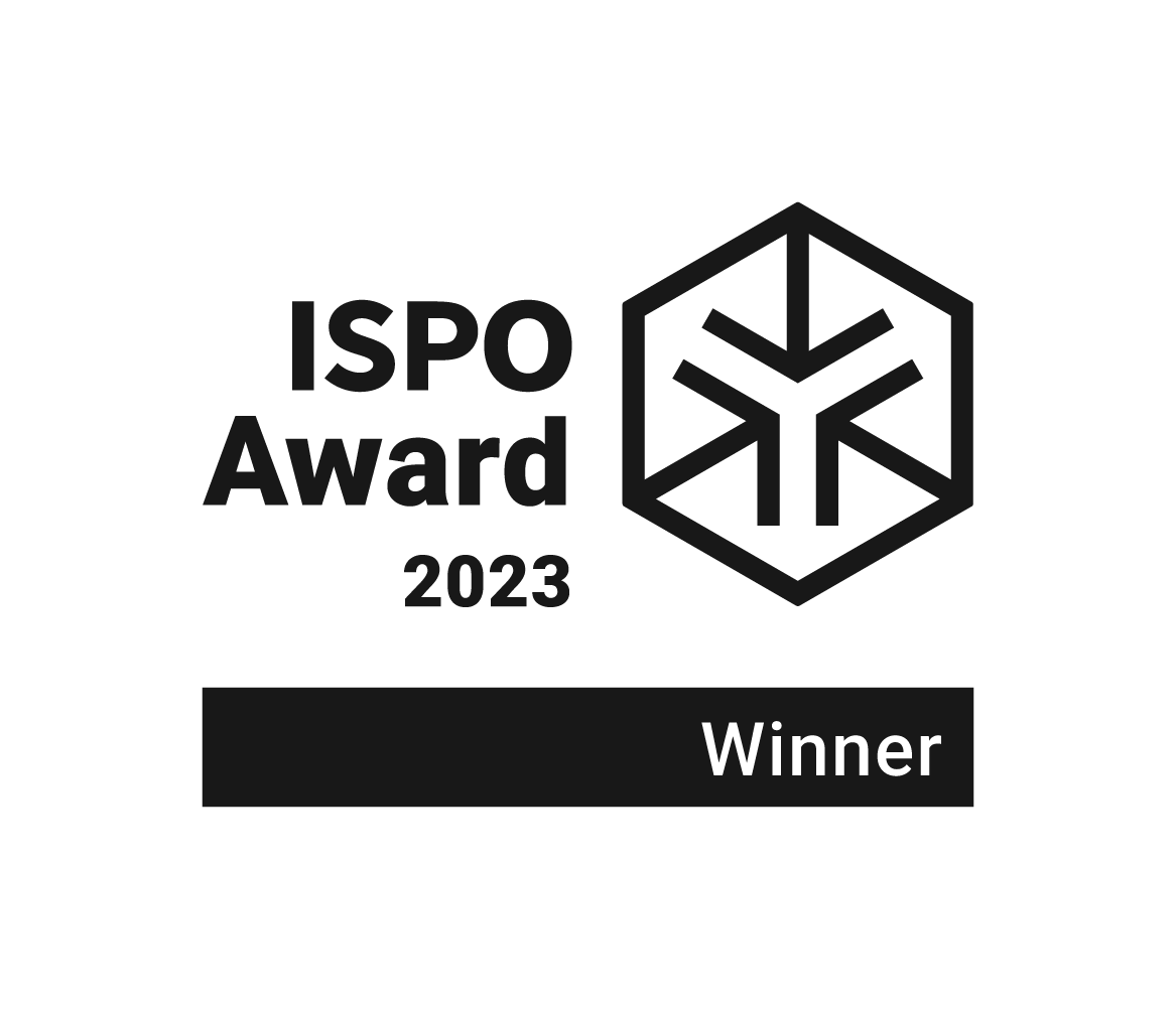 Black and white ISPO Award 2023 Winner logo with a hexagonal emblem.