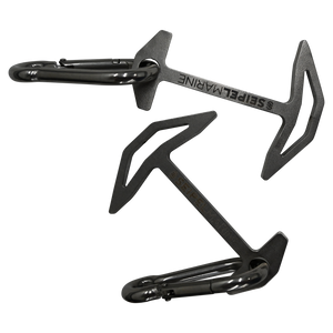 Two Quick Dock Cleats shown from different angles, displaying their metal anchor shape and integrated carabiners.
