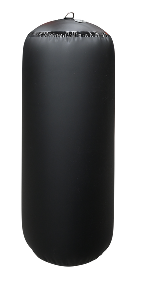 Upright view of a black inflatable cylinder fender, highlighting the inflation valve and reinforced attachment loop.