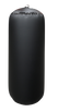 Upright view of a black inflatable cylinder fender, highlighting the inflation valve and reinforced attachment loop.