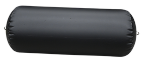 Side view of a black inflatable cylinder fender, highlighting the inflation valve and reinforced attachment loop.