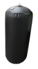 Upright view of the Cylinder Inflatable Fender, a black fender with a top metal D-ring and a side inflation valve.