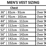 Men's vest sizing chart displaying chest measurements and weight recommendations for sizes Small to 5X-Large.