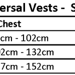 Size chart for Universal Vests showing chest sizes for S/M, L/XL, and Super XL. All sizes are for over 90 lbs (41 kg).