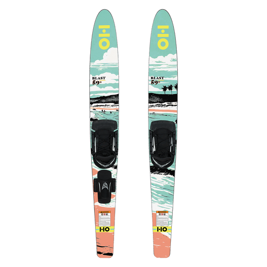Top view of a pair of Blast combo water skis with a retro beach graphic and black bindings.