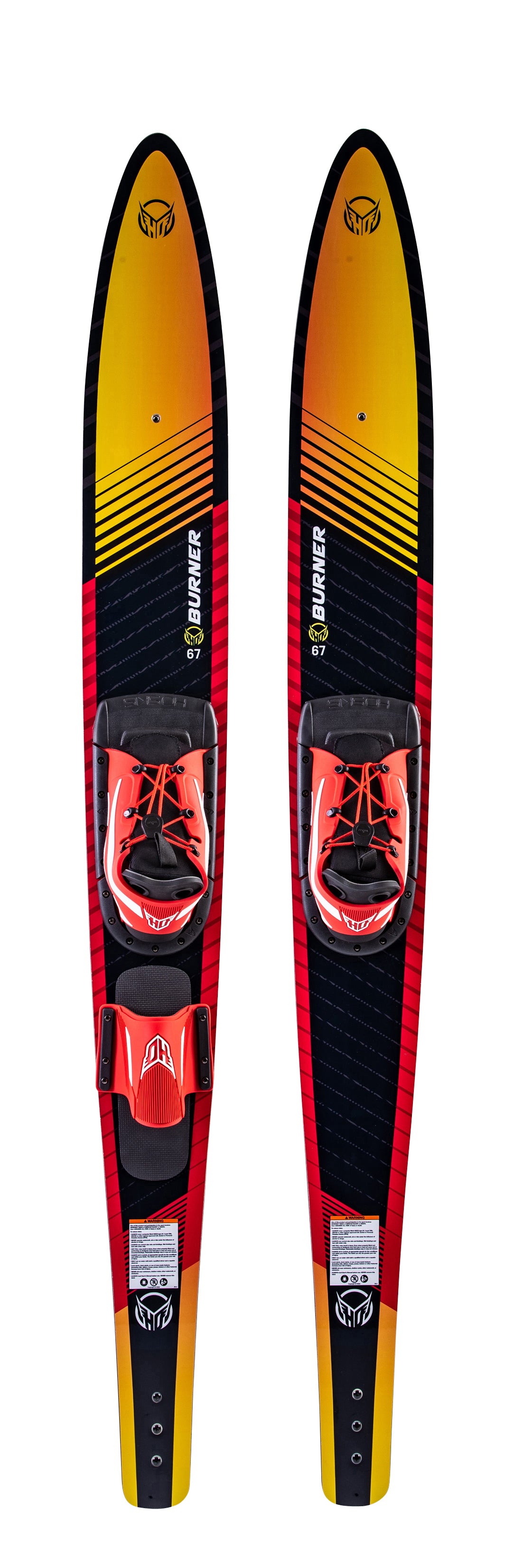 Top view of a pair of red and yellow Burner combo water skis with black and red bindings.