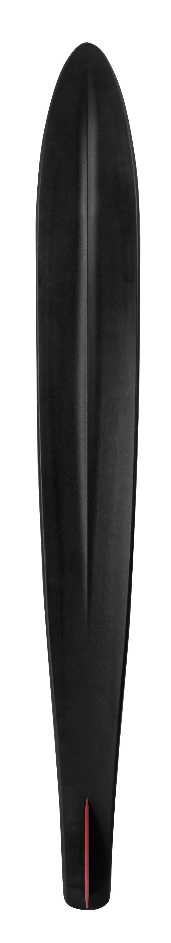 Base view of a black Burner combo water ski with a red fin.