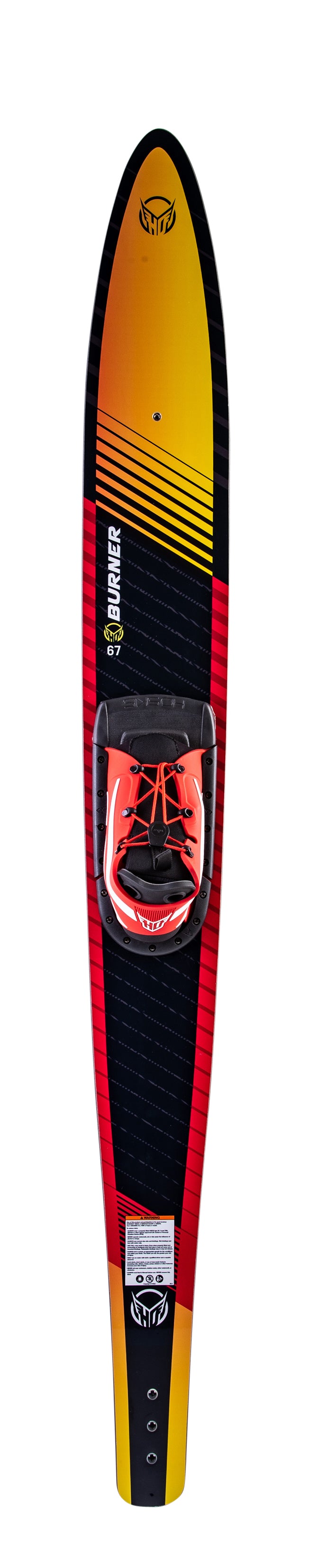 Top view of a red and yellow Burner combo water ski with a black and red front binding.