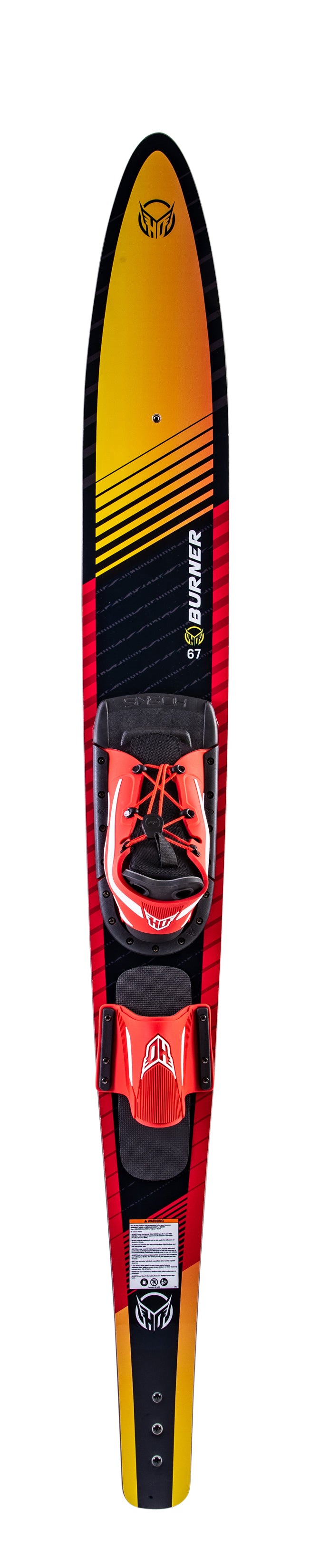Top view of a red and yellow Burner combo water ski with black and red bindings.