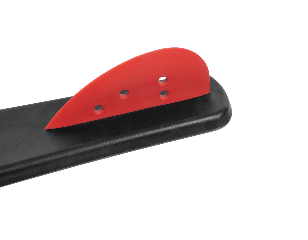 Close-up of the red fin on the base of a black Burner combo water ski.