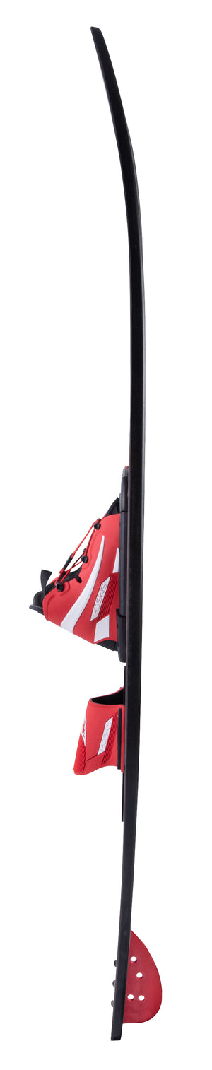 Side view of a Burner combo water ski showing the rocker profile, red bindings, and fin.