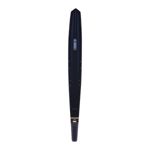 Top view of the Carbon OMNI slalom ski, featuring a black carbon fiber finish with blue and gold accents.