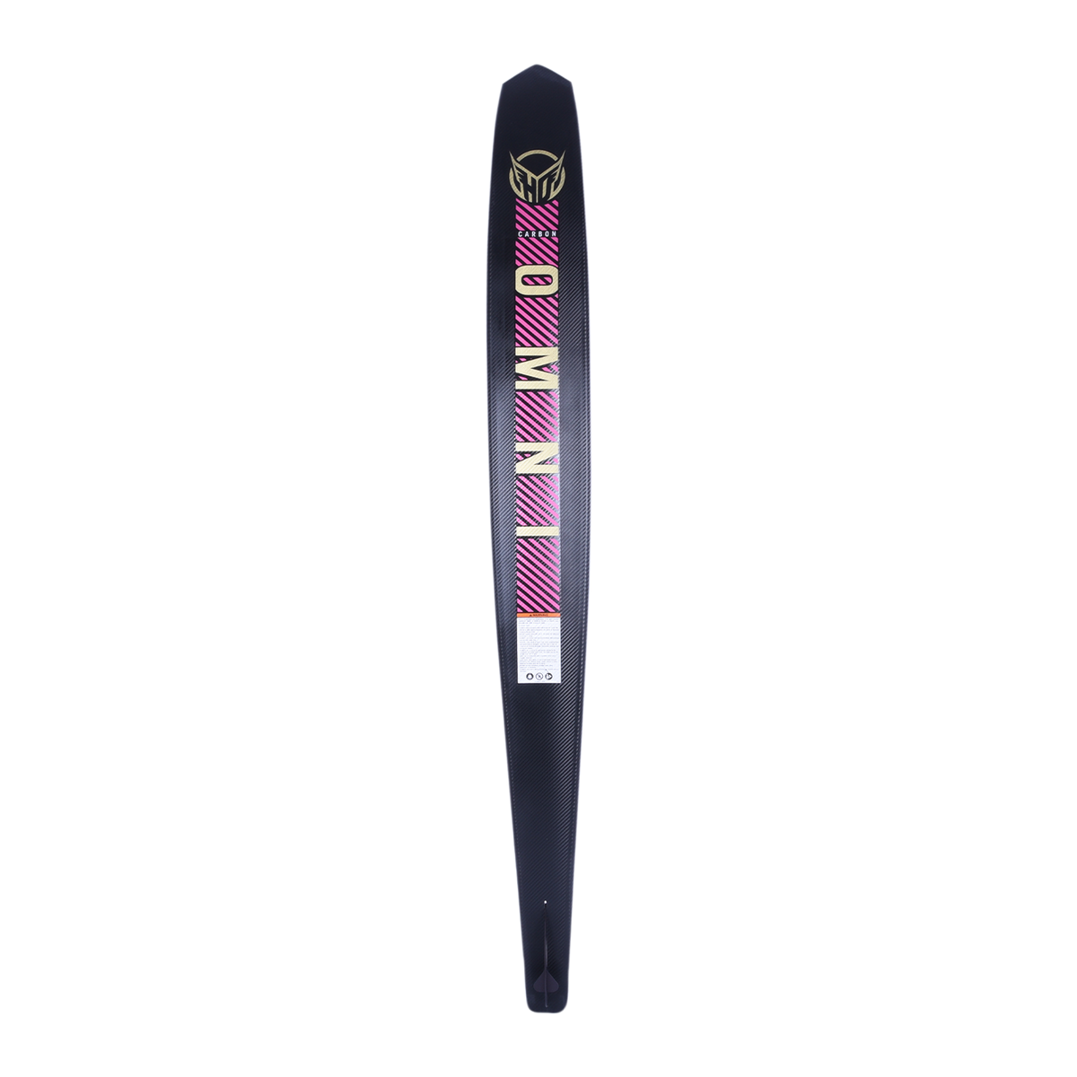 Base view of Womens Carbon OMNI ski in black with pink-striped "OMNI" text, a gold HO Sports logo, and a carbon fiber finish.
