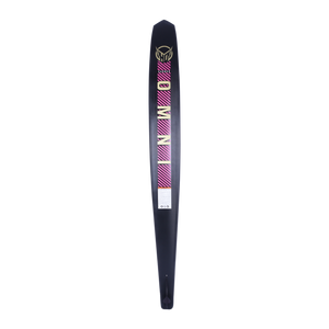 Base view of Womens Carbon OMNI ski in black with pink-striped "OMNI" text, a gold HO Sports logo, and a carbon fiber finish.